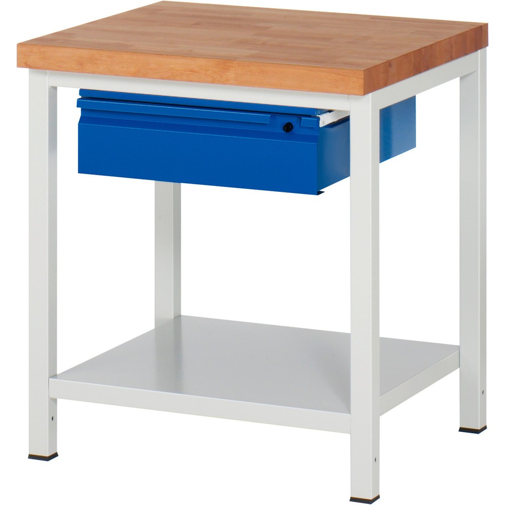 Productafbeelding nr. 1: Werkbank RAU serie 8000, massief beuken werkblad, dikte 40 mm, hxbxd 840 x 750 x 700 mm, 1 lade, 1 legbord diepte 650 mm
