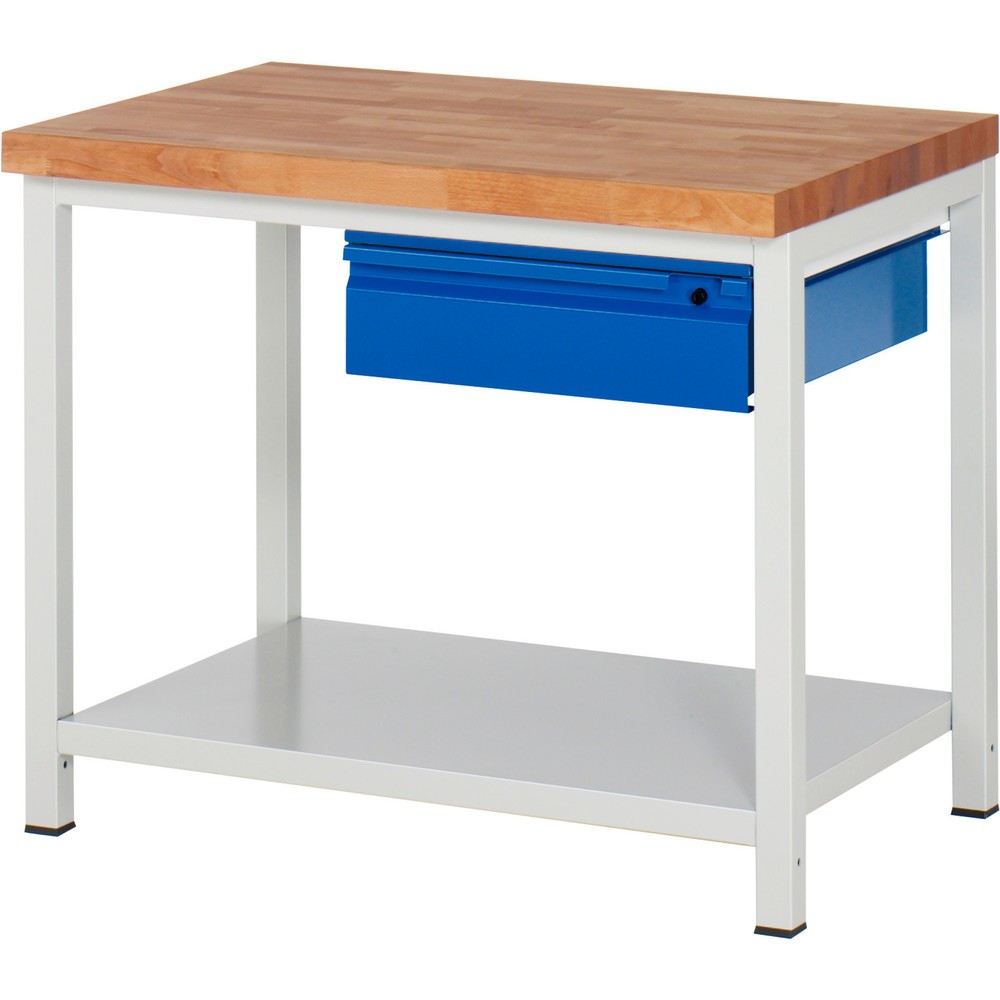 Productafbeelding nr. 1: Werkbank RAU serie 8000, massief beuken werkblad, dikte 40 mm, hxbxd 840 x 1.000 x 700 mm, 1 lade, 1 legbord diepte 650 mm