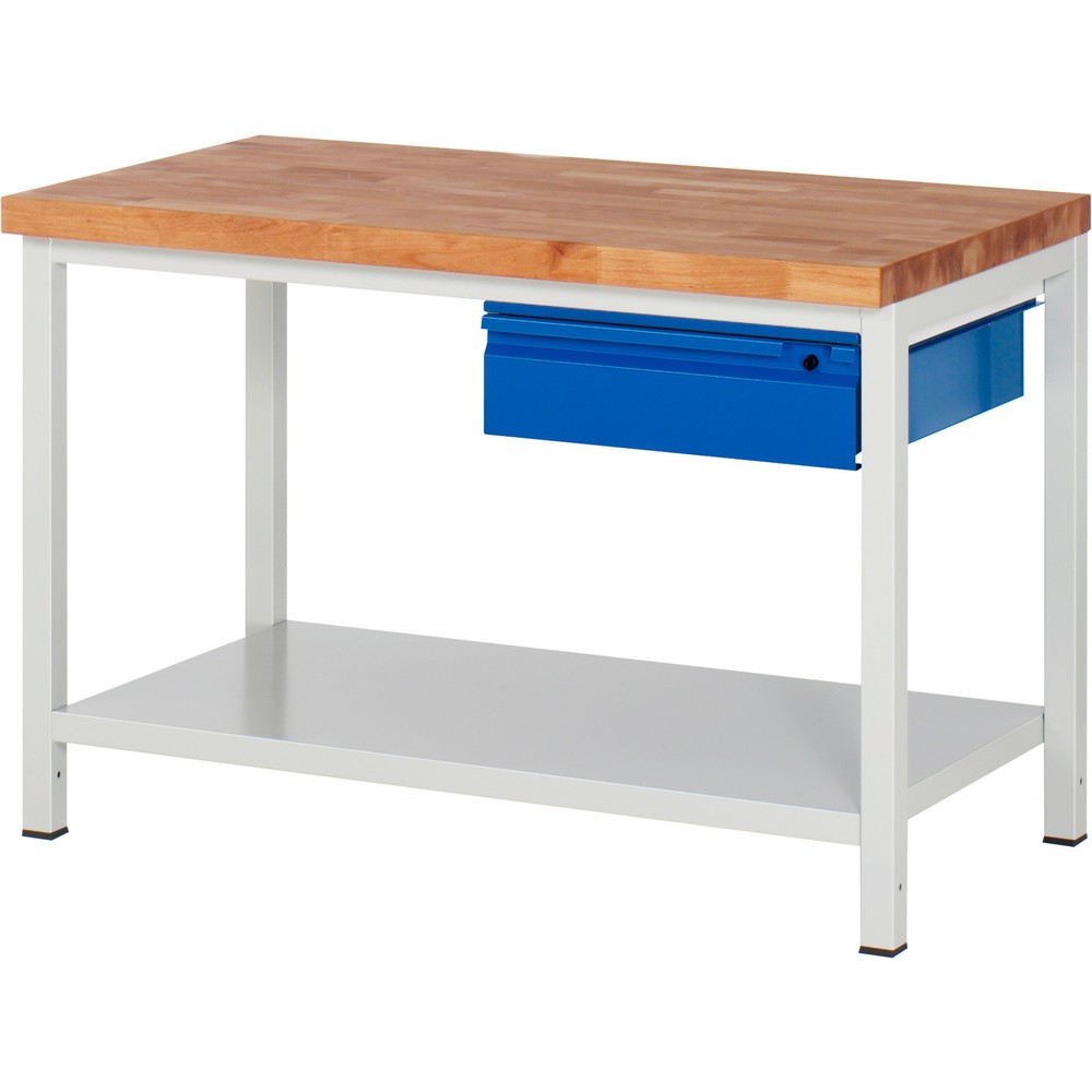 Productafbeelding nr. 1: Werkbank RAU serie 8000, massief beuken werkblad, dikte 40 mm, hxbxd 840 x 1.250 x 700 mm, 1 lade, 1 legbord diepte 650 mm