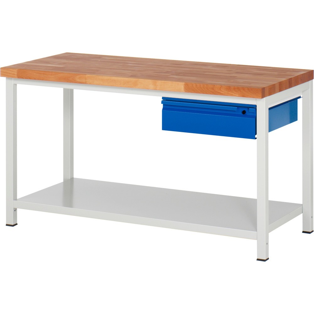 Productafbeelding nr. 1: Werkbank RAU serie 8000, massief beuken werkblad, dikte 40 mm, hxbxd 840-1.040 x 1.500 x 700 mm, 1 lade, 1 legbord diepte 650 mm
