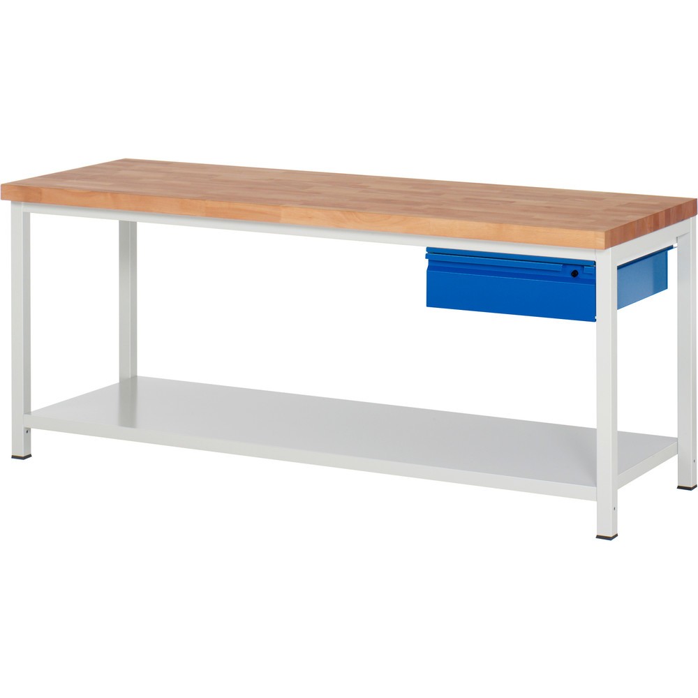 Productafbeelding nr. 1: Werkbank RAU serie 8000, massief beuken werkblad, dikte 40 mm, hxbxd 840-1.040 x 2.000 x 700 mm, 1 lade, 1 legbord diepte 650 mm