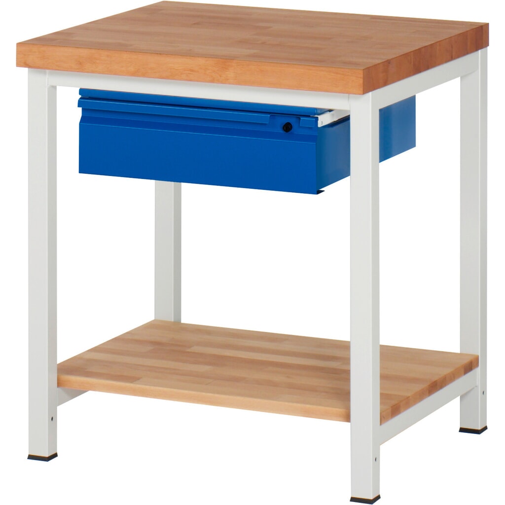 Product afbeelding: Werkbank RAU serie 8000, massief beuken werkblad, dikte 40 mm, hxbxd 840-1.040 x 750 x 700 mm, 1 lade, 1 legbord diepte 557 mm