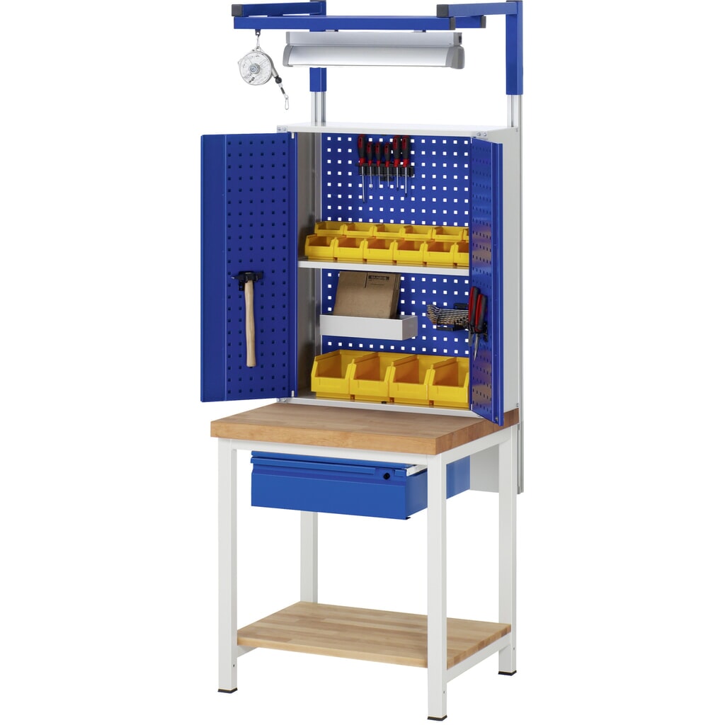 Productafbeelding nr. 8: Werkbank RAU serie 8000, massief beuken werkblad, dikte 40 mm, hxbxd 840-1.040 x 750 x 700 mm, 1 lade, 1 legbord diepte 557 mm