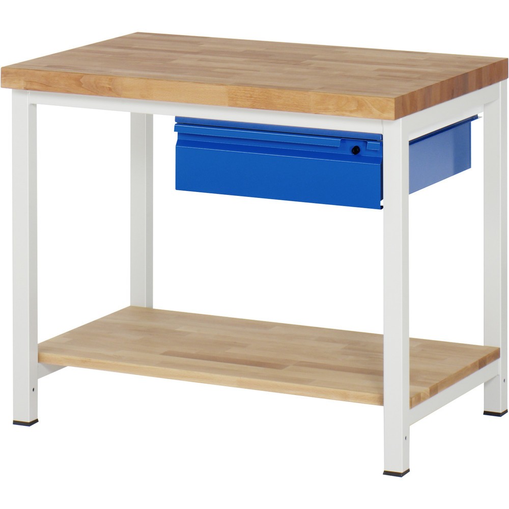 Productafbeelding nr. 1: Werkbank RAU serie 8000, massief beuken werkblad, dikte 40 mm, hxbxd 840 x 1.000 x 700 mm, 1 lade, 1 legbord diepte 557 mm