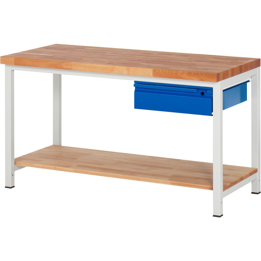 Productafbeelding nr. 1: Werkbank RAU serie 8000, massief beuken werkblad, dikte 40 mm, hxbxd 840-1.040 x 1.500 x 700 mm, 1 lade, 1 legbord diepte 557 mm