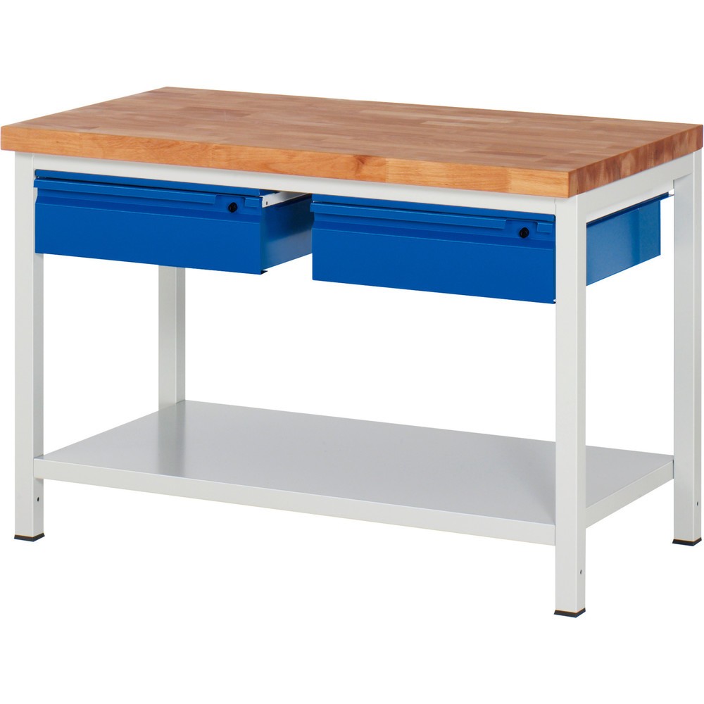 Productafbeelding nr. 1: Werkbank RAU serie 8000, massief beuken werkblad, dikte 40 mm, hxbxd 840 x 1.250 x 700 mm, 2 lades, 1 legbord diepte 650 mm