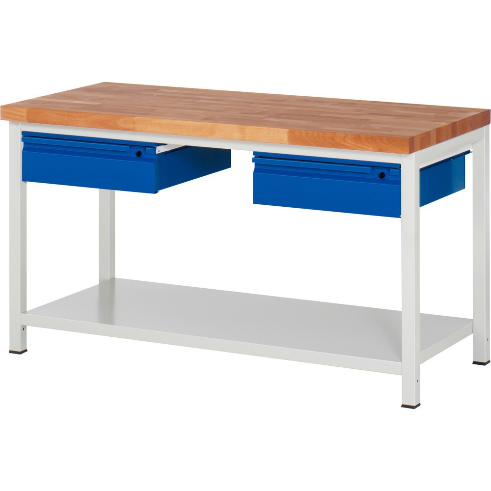 Productafbeelding nr. 1: Werkbank RAU serie 8000, massief beuken werkblad, dikte 40 mm, hxbxd 840 x 1.500 x 700 mm, 2 lades, 1 legbord diepte 650 mm