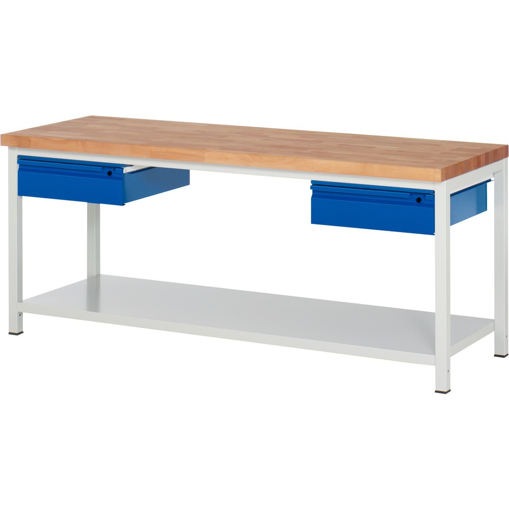 Productafbeelding nr. 1: Werkbank RAU serie 8000, massief beuken werkblad, dikte 40 mm, hxbxd 840-1.040 x 2.000 x 700 mm, 2 lades, 1 legbord diepte 650 mm