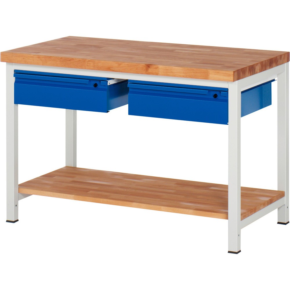 Productafbeelding nr. 1: Werkbank RAU serie 8000, massief beuken werkblad, dikte 40 mm, hxbxd 840-1.040 x 1.250 x 700 mm, 2 lades, 1 legbord diepte 557 mm