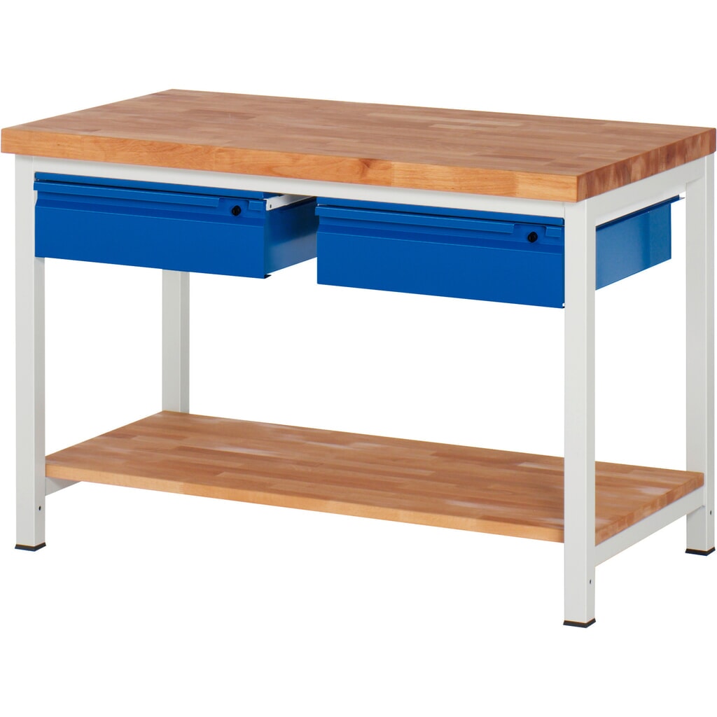 Product afbeelding: Werkbank RAU serie 8000, massief beuken werkblad, dikte 40 mm, hxbxd 840-1.040 x 1.250 x 700 mm, 2 lades, 1 legbord diepte 557 mm