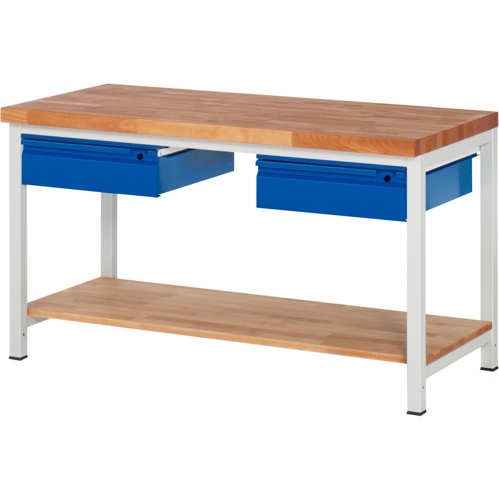 Productafbeelding nr. 1: Werkbank RAU serie 8000, massief beuken werkblad, dikte 40 mm, hxbxd 840-1.040 x 1.500 x 700 mm, 2 lades, 1 legbord diepte 557 mm