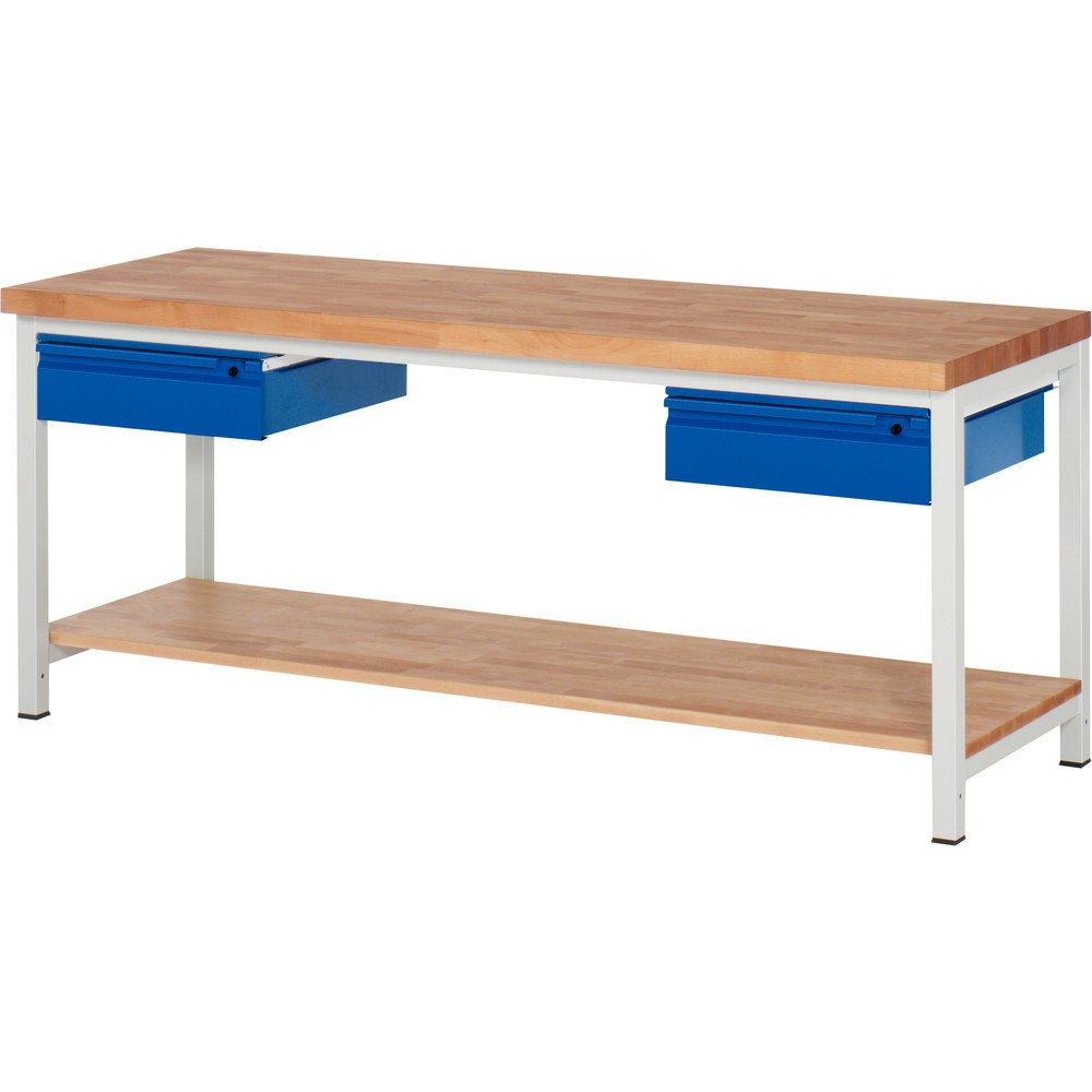Productafbeelding nr. 1: Werkbank RAU serie 8000, massief beuken werkblad, dikte 40 mm, hxbxd 840 x 2.000 x 700 mm, 2 lades, 1 legbord diepte 557 mm