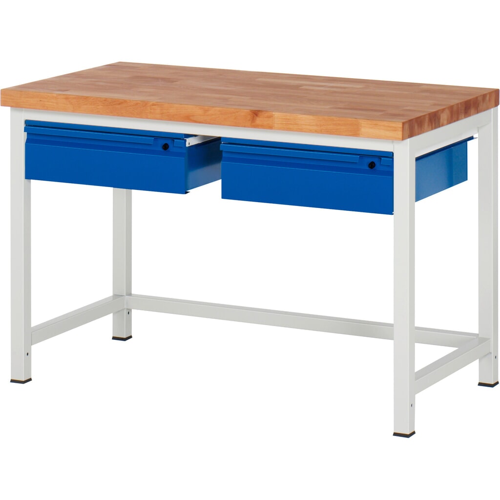 Product afbeelding: Werkbank RAU serie 8000, massief beuken werkblad, dikte 40 mm, hxbxd 840-1.040 x 1.250 x 700 mm, 2 lades 2 x 150 mm