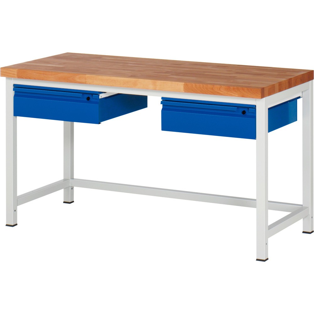 Productafbeelding nr. 1: Werkbank RAU serie 8000, massief beuken werkblad, dikte 40 mm, hxbxd 840-1.040 x 1.500 x 700 mm, 2 lades 2 x 150 mm