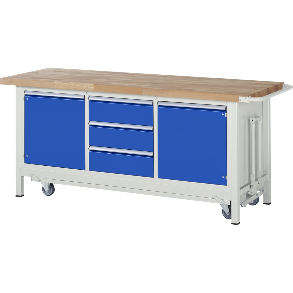 RAU werkbank met dolly serie 8000, h x b x d 880 x 2.000 x 700 mm, 1 driedubbele onderbouwkast, met 3 lades en 2 openslaande deuren Product afbeelding: RAU werkbank met dolly serie 8000, h x b x d 880 x 2.000 x 700 mm, 1 driedubbele onderbouwkast, met 3 lades en 2 openslaande deuren