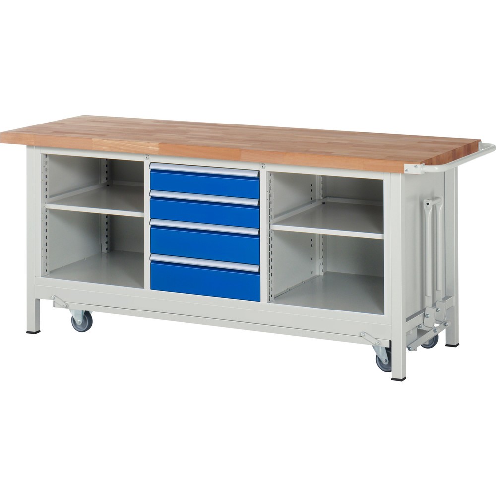 Product afbeelding: Werkbank RAU serie 8000 met neerlaatbaar onderstel, 1 driedubbele kast, hxbxd 880 x 2.000 x 700 mm, 4 x voor 90% uittrekbare lades, 1 legbord