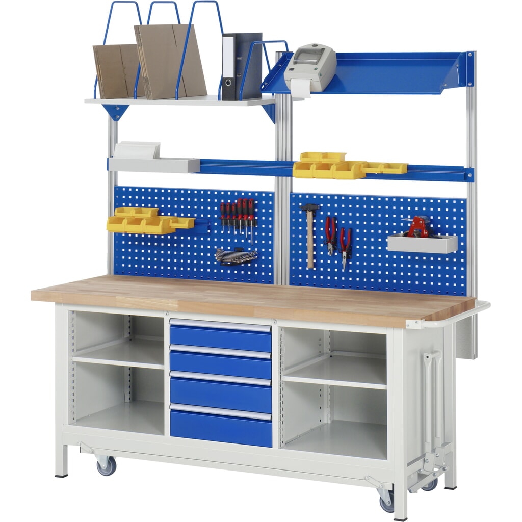 Productafbeelding nr. 9: Werkbank RAU serie 8000 met neerlaatbaar onderstel, 1 driedubbele kast, hxbxd 880 x 2.000 x 700 mm, 4 x voor 90% uittrekbare lades, 1 legbord