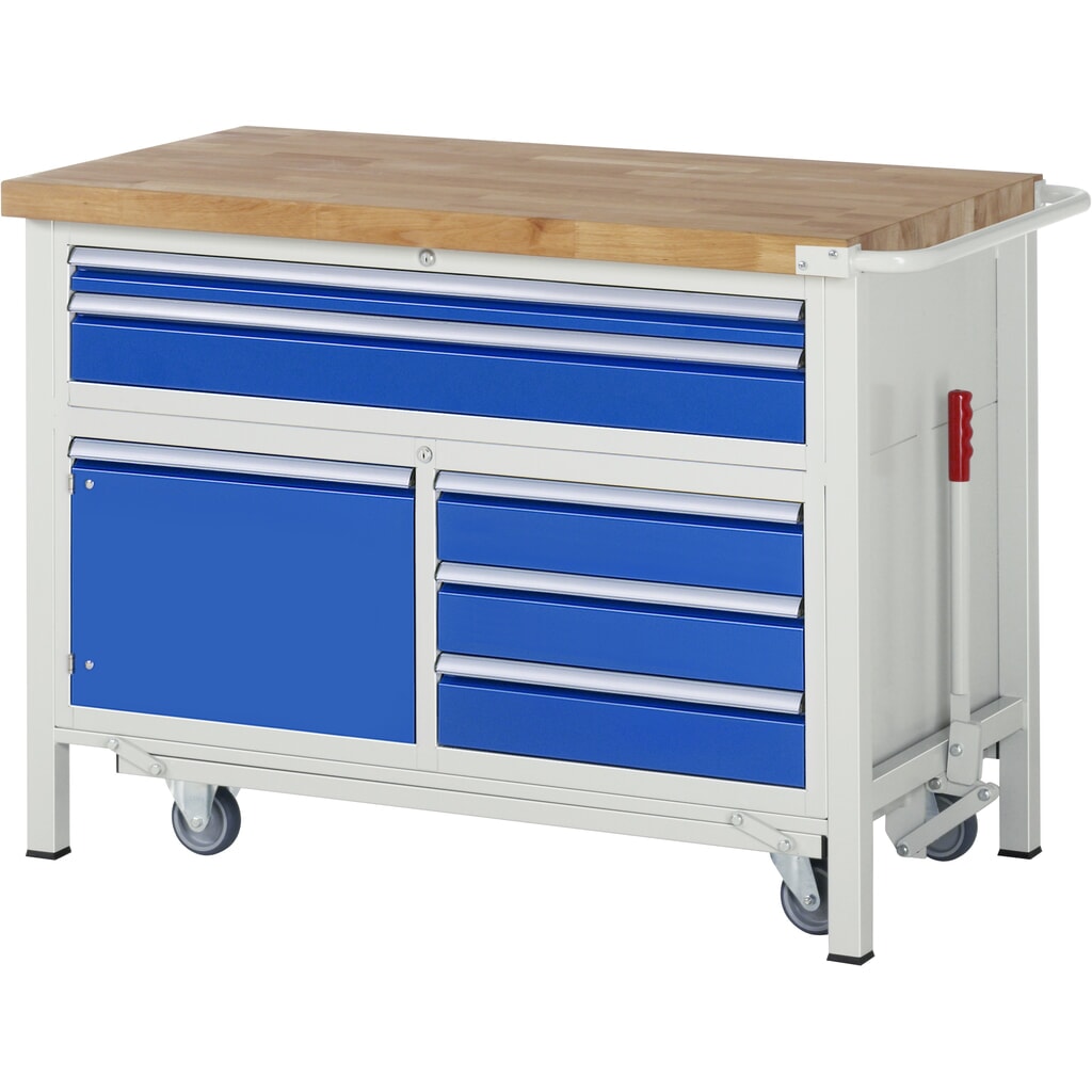RAU werkbank met dolly serie 8000, h x b x d 920 x 1.250 x 700 mm, 1 driedubbele onderbouwkast, met 5 lades en 1 openslaande deur Product afbeelding: RAU werkbank met dolly serie 8000, h x b x d 920 x 1.250 x 700 mm, 1 driedubbele onderbouwkast, met 5 lades en 1 openslaande deur