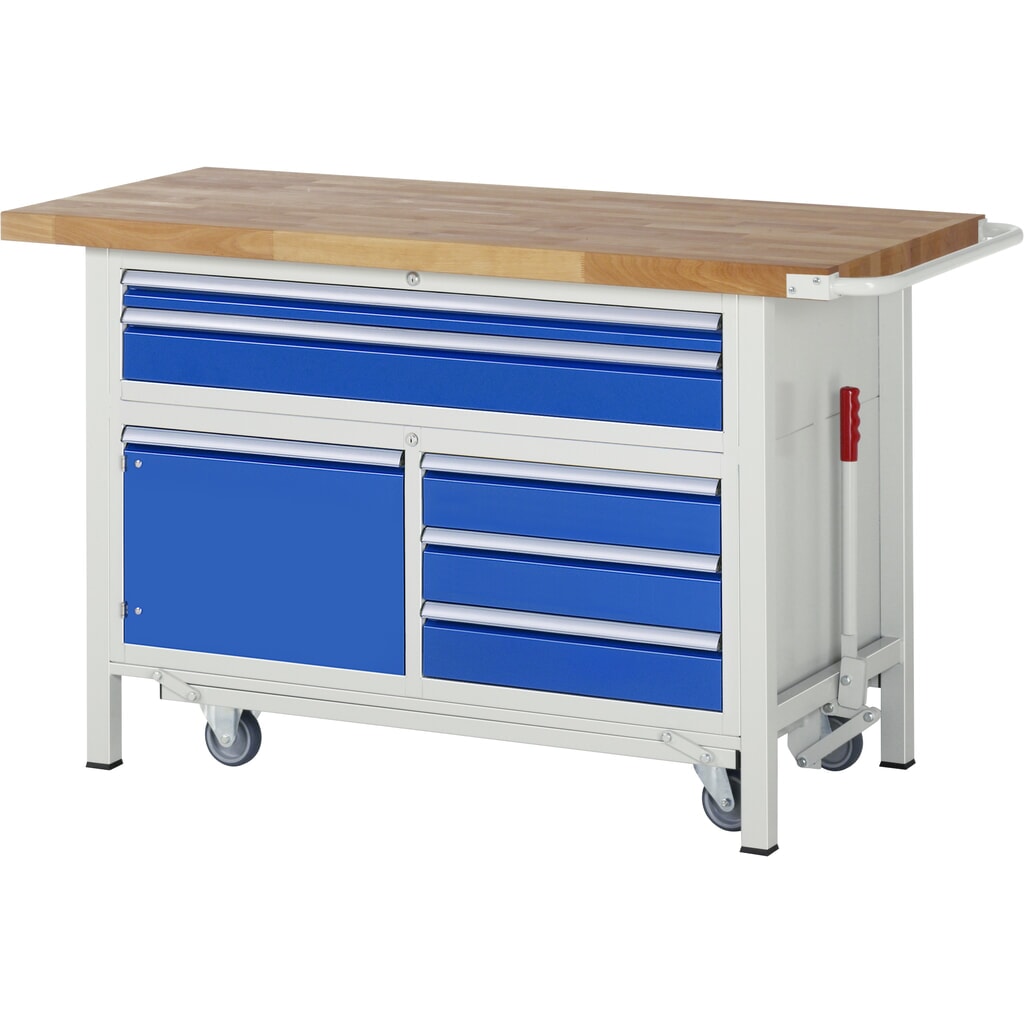 Product afbeelding: RAU werkbank met dolly serie 8000, h x b x d 920 x 1.500 x 700 mm, 1 driedubbele onderbouwkast, met 5 lades en 1 openslaande deur
