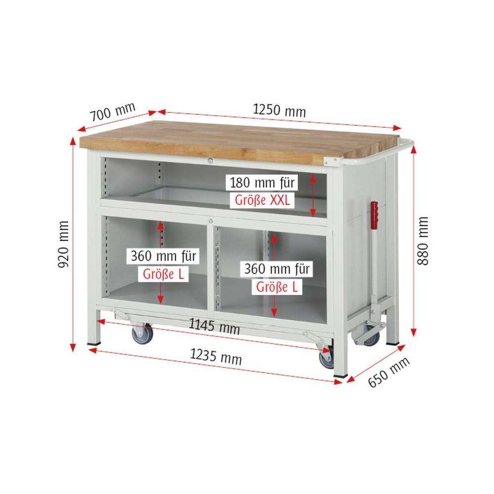 Productafbeelding nr. 7: Werkbank RAU serie 8000 met neerlaatbaar onderstel, 1 driedubbele kast, hxbxd 920 x 1.250 x 700 mm, 5 lades, 1 draaideur