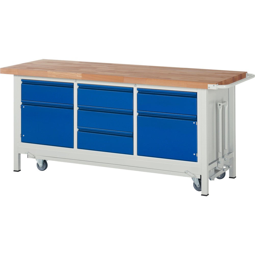 Productafbeelding nr. 1: Werkbank RAU serie 8000 met neerlaatbaar onderstel, 1 driedubbele kast, hxbxd 880 x 2.000 x 700 mm, 5 lades, 2 draaideuren