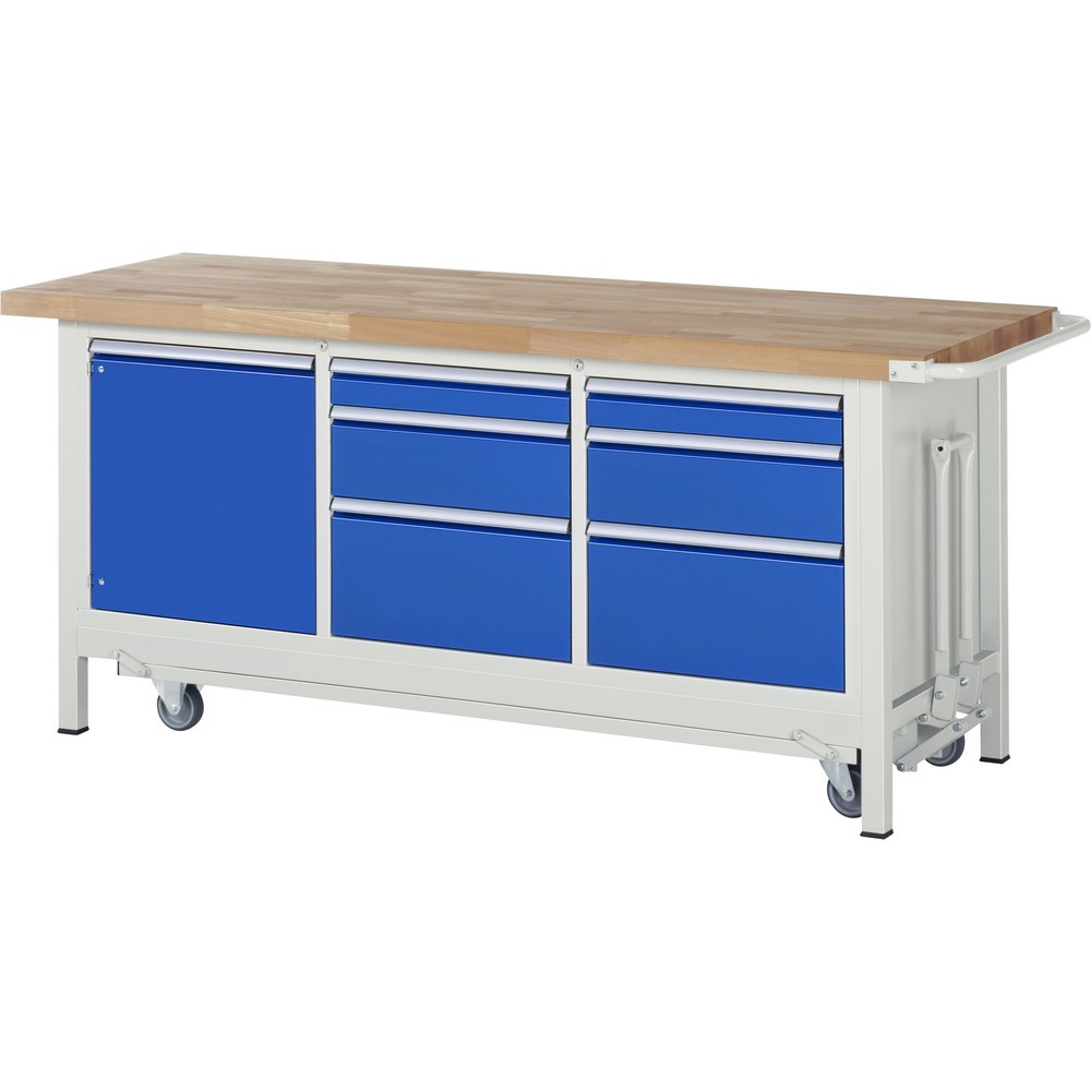 Product afbeelding: Werkbank RAU serie 8000 met neerlaatbaar onderstel, 1 driedubbele kast, hxbxd 880 x 2.000 x 700 mm, 6 lades, 1 draaideur, 1 legbord