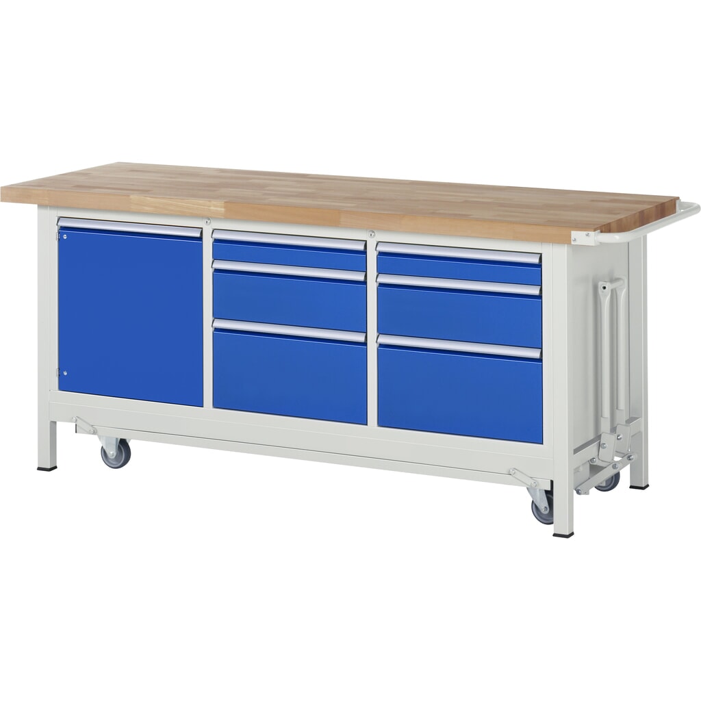 Product afbeelding: RAU werkbank met dolly serie 8000, h x b x d 880 x 2.000 x 700 mm, 1 driedubbele onderbouwkast, met 6 lades en 1 openslaande deur