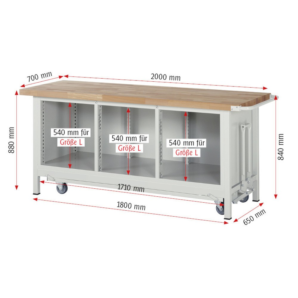 Productafbeelding nr. 6: Werkbank RAU serie 8000 met neerlaatbaar onderstel, 1 driedubbele kast, hxbxd 880 x 2.000 x 700 mm, 4 x voor 90% uittrekbare lades, 1 legbord