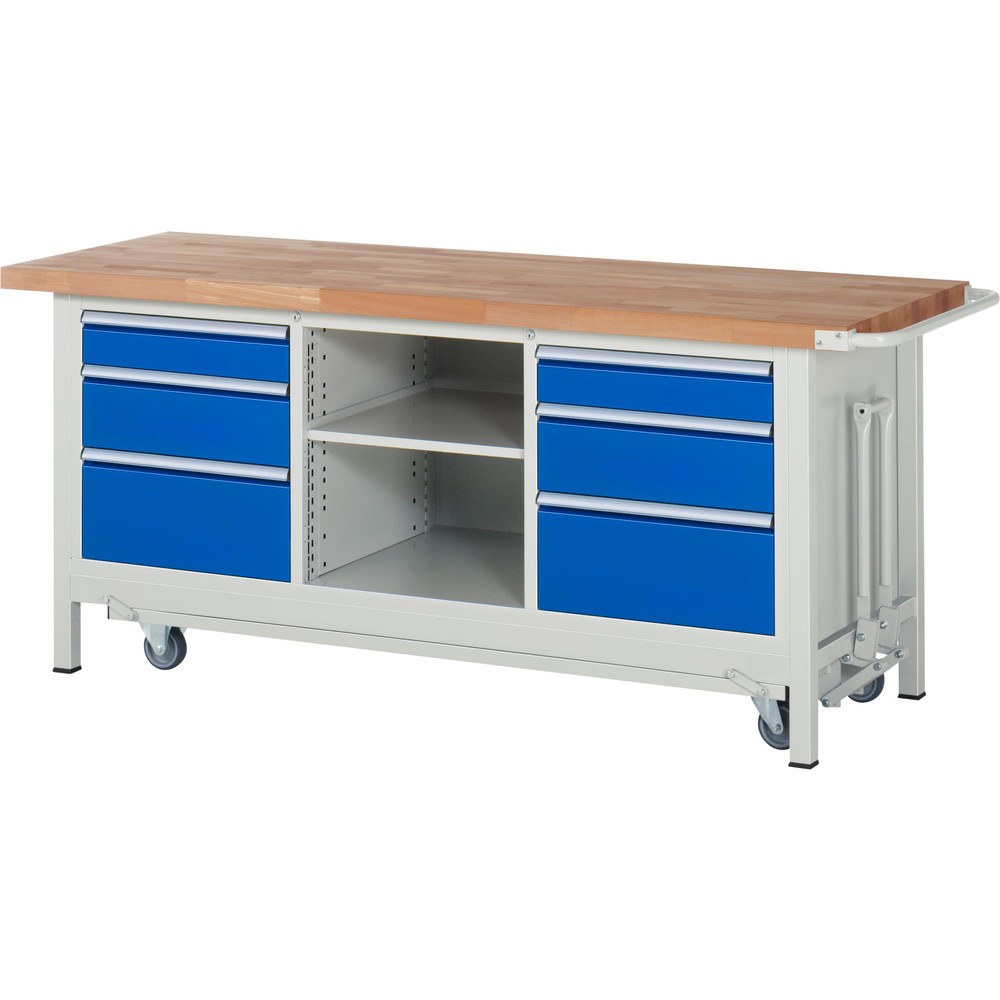 Product afbeelding: Werkbank RAU serie 8000 met neerlaatbaar onderstel, 1 driedubbele kast, hxbxd 880 x 2.000 x 700 mm, 6 x voor 100% uittrekbare lades 2 x 120 mm, 2 x 150 mm, 2 x 270 mm, 1 legbord