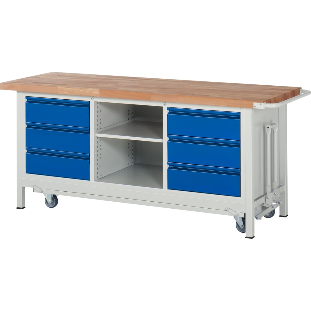 Productafbeelding nr. 1: Werkbank RAU serie 8000 met neerlaatbaar onderstel, 1 driedubbele kast, hxbxd 880 x 2.000 x 700 mm, 6 x voor 90% uittrekbare lades 6 x 180 mm, 1 legbord