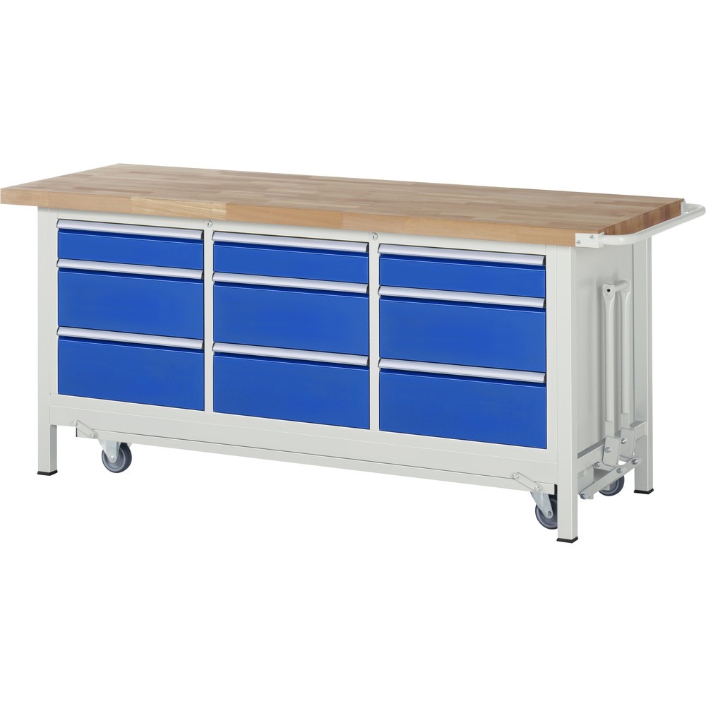 Product afbeelding: RAU werkbank met dolly serie 8000, h x b x d 880 x 2.000 x 700 mm, 1 driedubbele onderbouwkast, met 9 lades