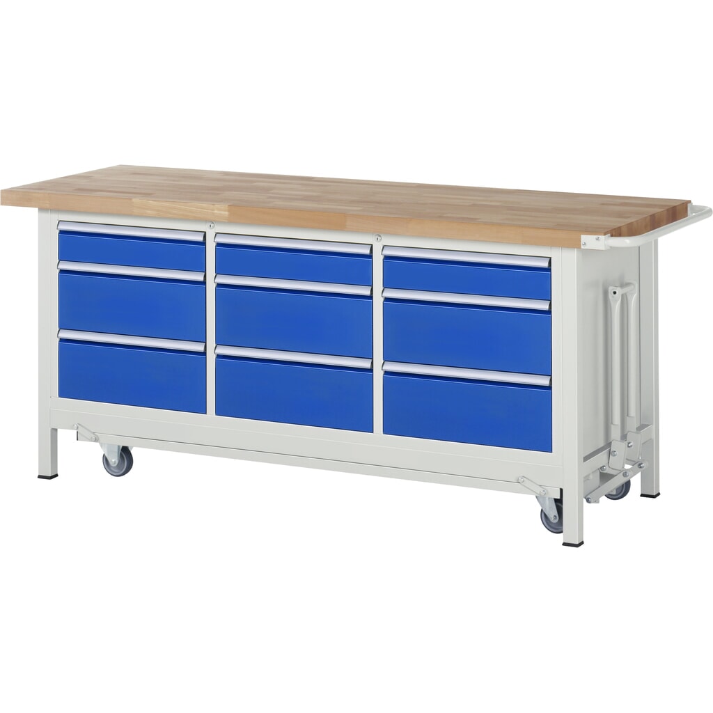 Productafbeelding nr. 1: RAU werkbank met dolly serie 8000, h x b x d 880 x 2.000 x 700 mm, 1 driedubbele onderbouwkast, met 9 lades