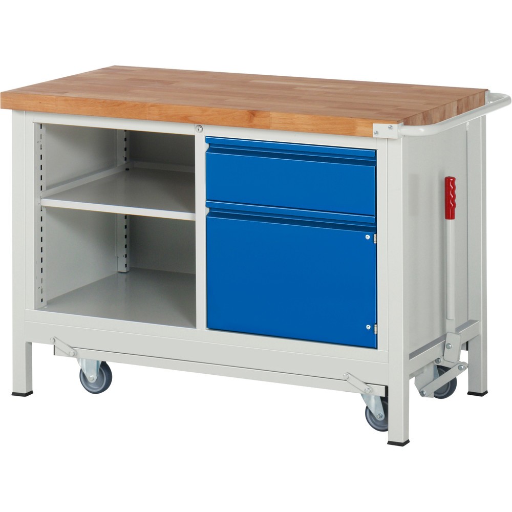 Productafbeelding nr. 1: Werkbank RAU serie 8000 met neerlaatbaar onderstel, 1 dubbele kast, hxbxd 880 x 1.250 x 700 mm, 1 lade, 1 draaideur, 1 legbord