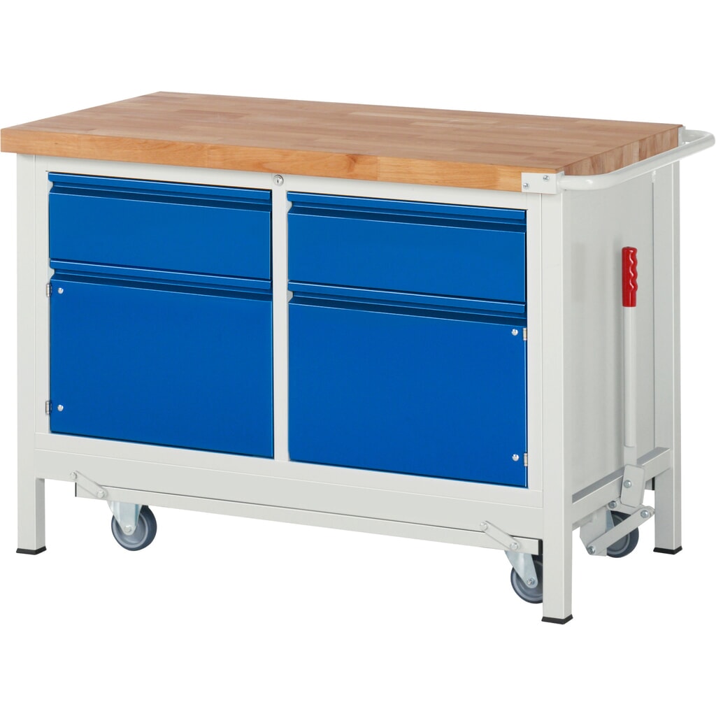 Product afbeelding: Werkbank RAU serie 8000 met neerlaatbaar onderstel, 1 dubbele kast, hxbxd 880 x 1.250 x 700 mm, 2 lades, 1 legbord