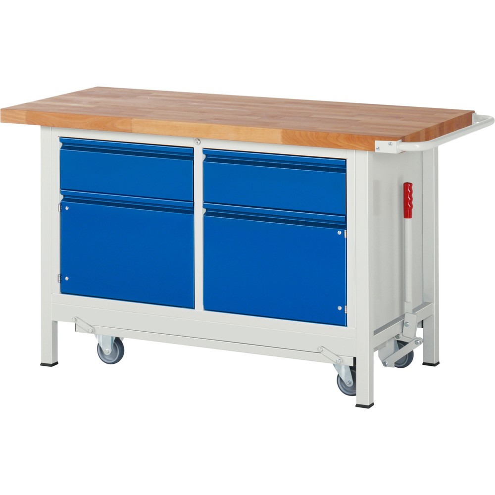 Product afbeelding: Werkbank RAU serie 8000 met neerlaatbaar onderstel, 1 dubbele kast, hxbxd 880 x 1.500 x 700 mm, 2 lades, 1 legbord