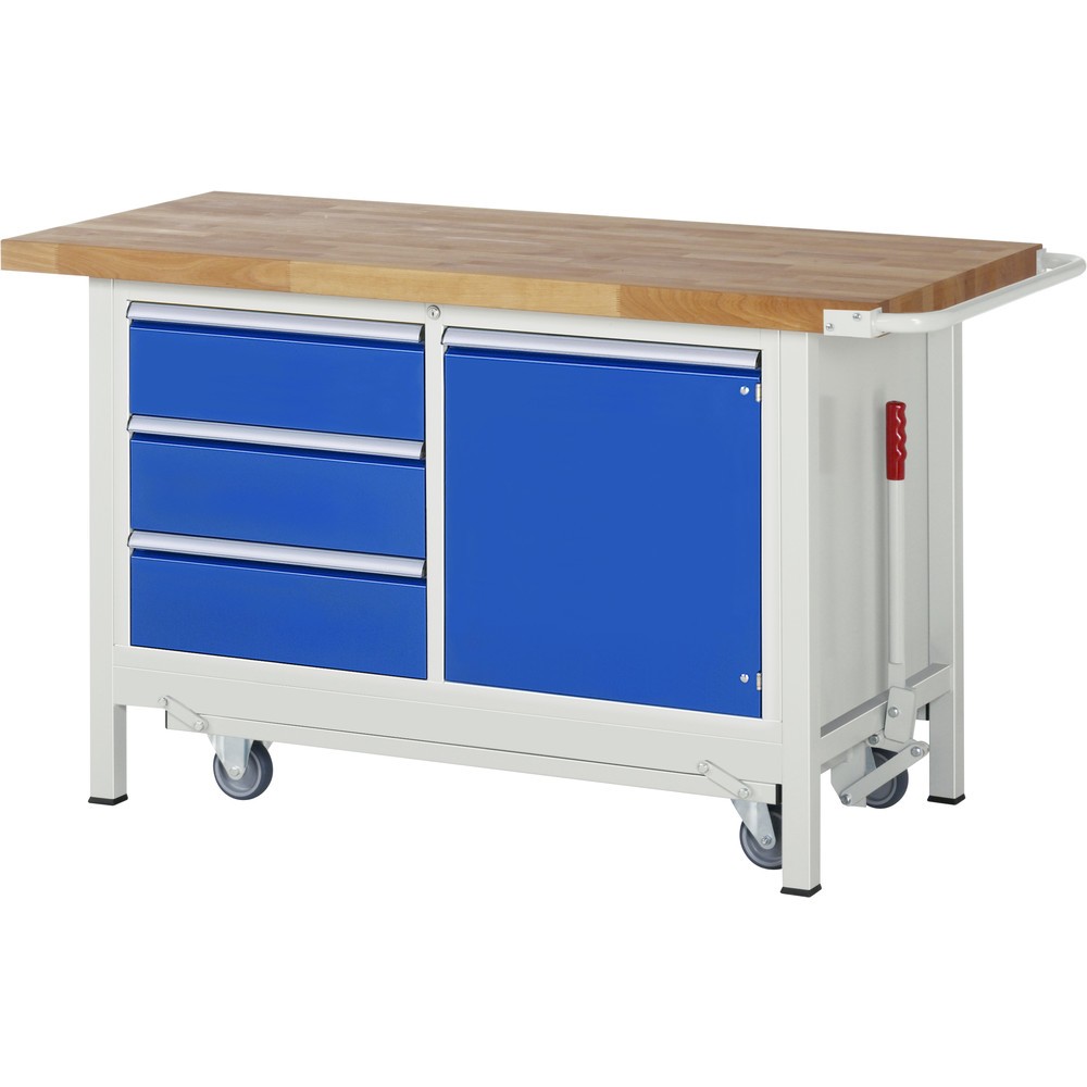 Productafbeelding nr. 1: RAU werkbank met dolly serie 8000, h x b x d 880 x 1.500 x 700 mm, 1 dubbele onderbouwkast, met 3 lades en 1 openslaande deur