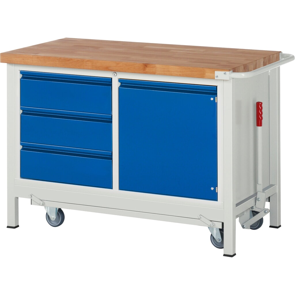 Werkbank RAU serie 8000 met neerlaatbaar onderstel, 1 dubbele kast, hxbxd 880 x 1.250 x 700 mm, 3 x voor 90% uittrekbare lades, 1 draaideur, 1 legbord Product afbeelding: Werkbank RAU serie 8000 met neerlaatbaar onderstel, 1 dubbele kast, hxbxd 880 x 1.250 x 700 mm, 3 x voor 90% uittrekbare lades, 1 draaideur, 1 legbord