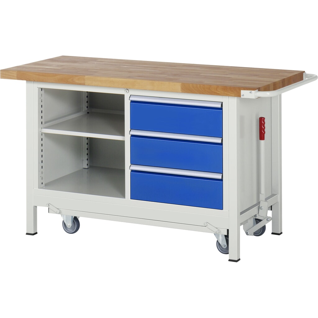 RAU werkbank met dolly serie 8000, h x b x d 880 x 1.500 x 700 mm, 1 dubbele onderbouwkast, met 3 lades en opbergvak Product afbeelding: RAU werkbank met dolly serie 8000, h x b x d 880 x 1.500 x 700 mm, 1 dubbele onderbouwkast, met 3 lades en opbergvak