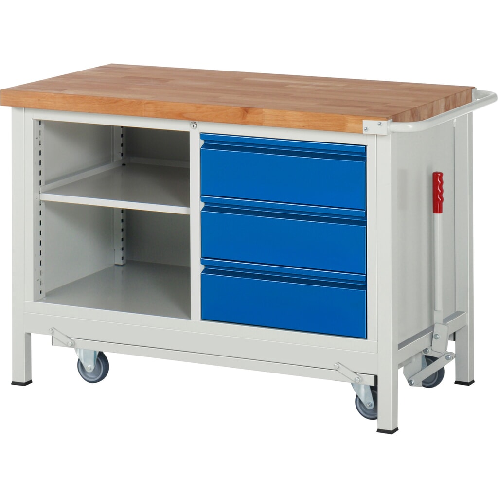 Werkbank RAU serie 8000 met neerlaatbaar onderstel, 1 dubbele kast, hxbxd 880 x 1.250 x 700 mm, 3 x voor 90% uittrekbare lades, 1 legbord Product afbeelding: Werkbank RAU serie 8000 met neerlaatbaar onderstel, 1 dubbele kast, hxbxd 880 x 1.250 x 700 mm, 3 x voor 90% uittrekbare lades, 1 legbord