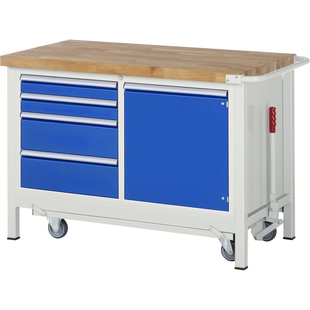 Product afbeelding: Werkbank RAU serie 8000 met neerlaatbaar onderstel, 1 dubbele kast, hxbxd 880 x 1.250 x 700 mm, 4 lades 2 x 90 mm, 2 x 180 mm, 1 draaideur, 1 legbord