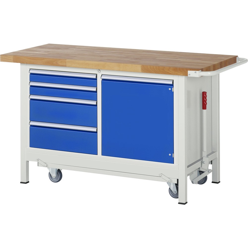Product afbeelding: RAU werkbank met dolly serie 8000, h x b x d 880 x 1.500 x 700 mm, 1 dubbele onderbouwkast, met 4 lades en 1 openslaande deur