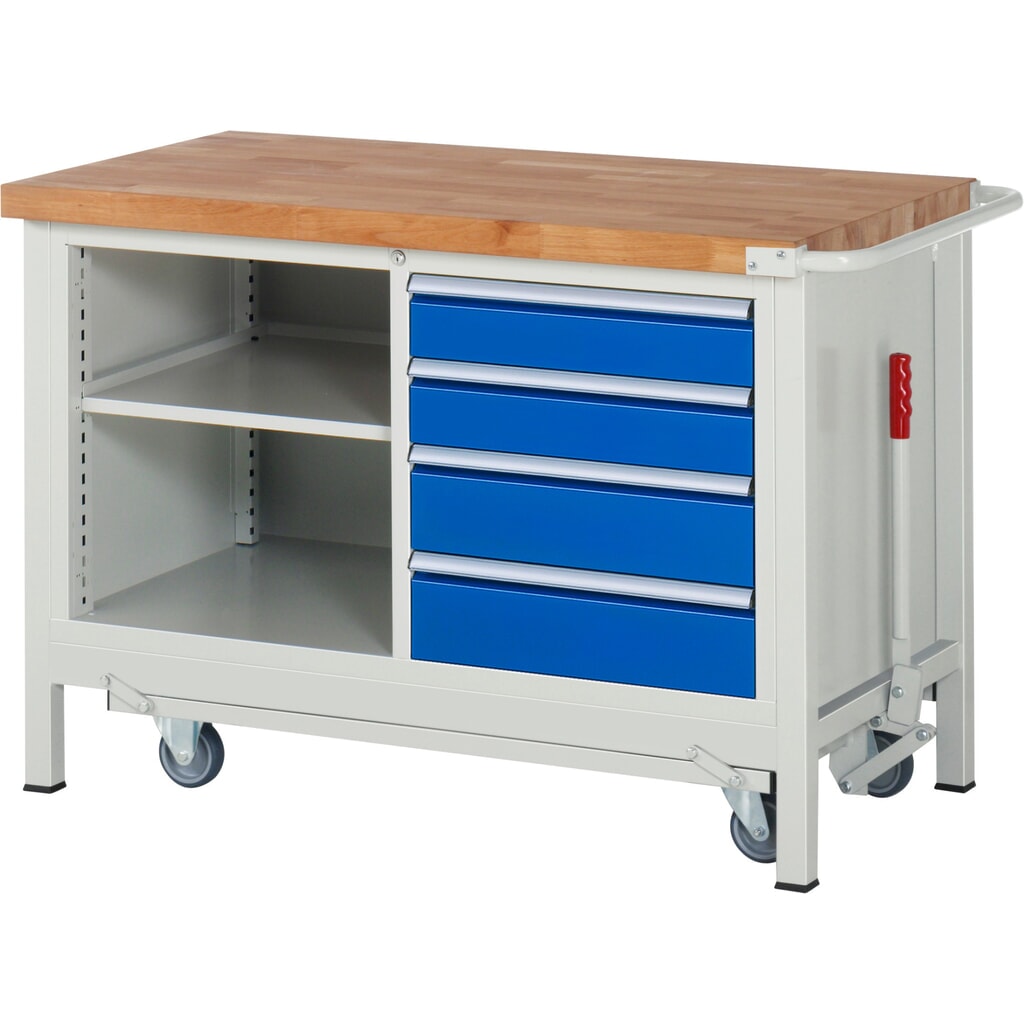 Werkbank RAU serie 8000 met neerlaatbaar onderstel, 1 dubbele kast, hxbxd 880 x 1.250 x 700 mm, 4 x voor 90% uittrekbare lades, 1 legbord Productafbeelding nr. 1: Werkbank RAU serie 8000 met neerlaatbaar onderstel, 1 dubbele kast, hxbxd 880 x 1.250 x 700 mm, 4 x voor 90% uittrekbare lades, 1 legbord