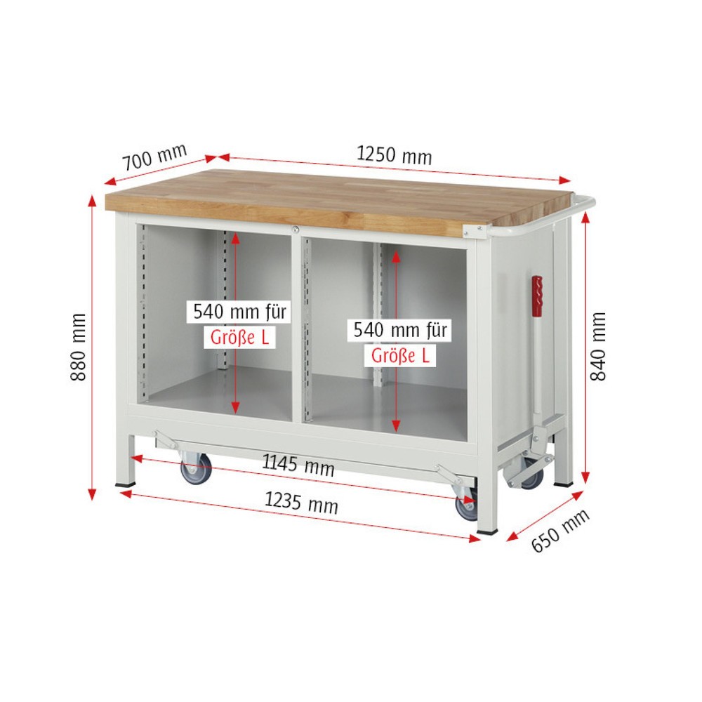 Productafbeelding nr. 7: Werkbank RAU serie 8000 met neerlaatbaar onderstel, 1 dubbele kast, hxbxd 880 x 1.250 x 700 mm, 2 lades 2 x 180 mm, 1 draaideur