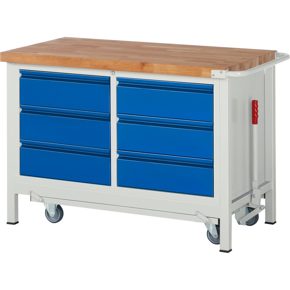 Productafbeelding nr. 1: Werkbank RAU serie 8000 met neerlaatbaar onderstel, 1 dubbele kast, hxbxd 880 x 1.250 x 700 mm, 6 x voor 90% uittrekbare lades 6 x 180 mm