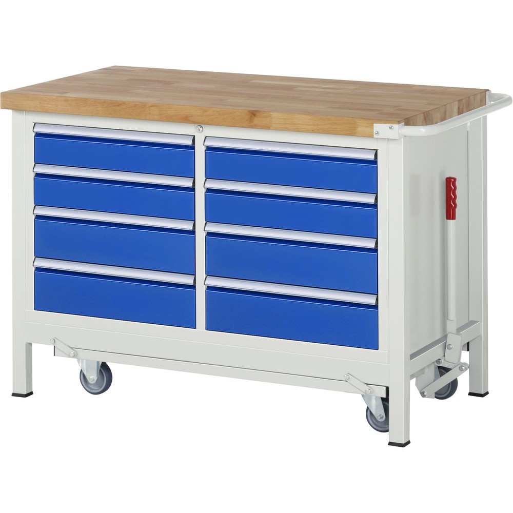 Product afbeelding: Werkbank RAU serie 8000 met neerlaatbaar onderstel, 1 dubbele kast, hxbxd 880 x 1.250 x 700 mm, 8 lades 4 x 120 mm, 4 x 150 mm