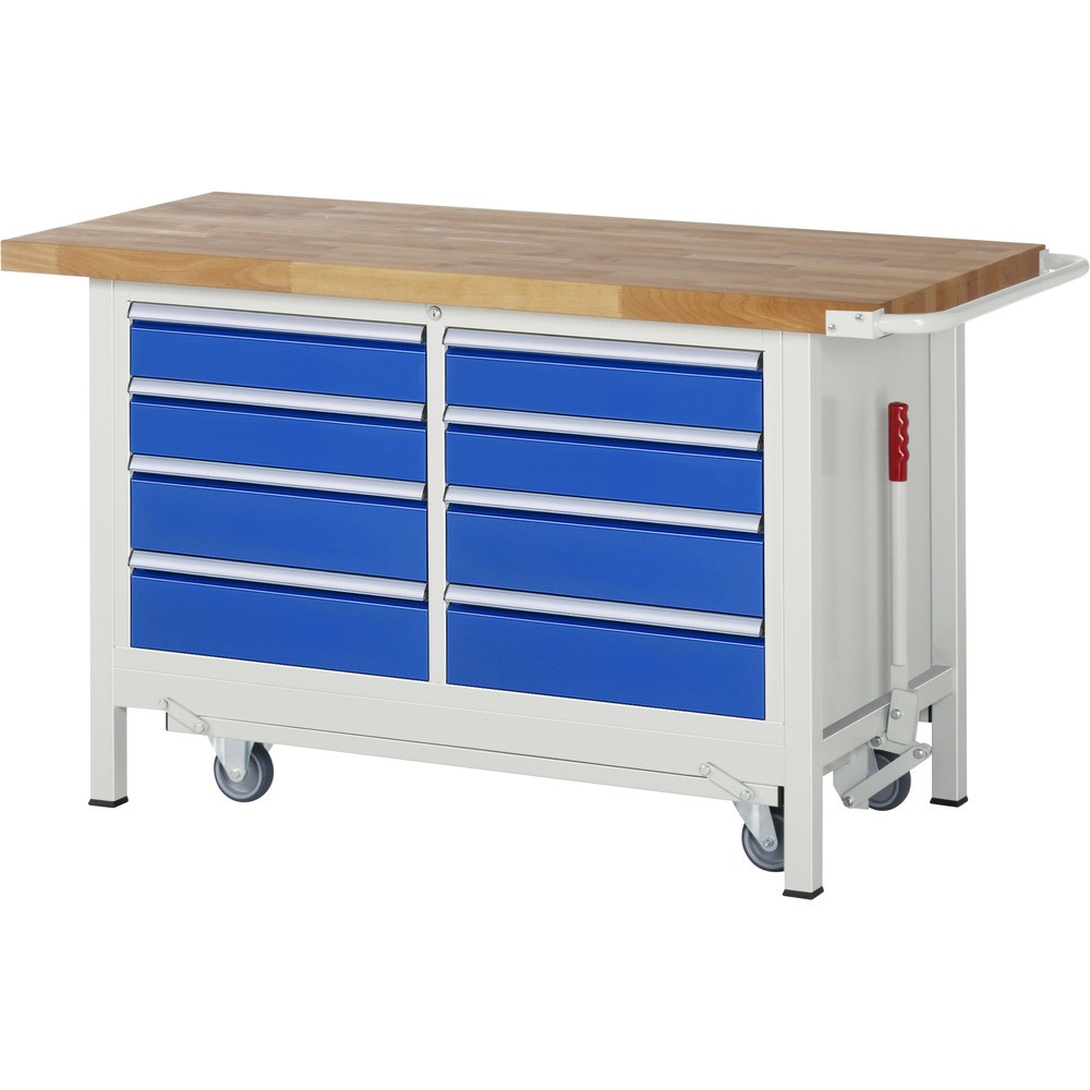 Product afbeelding: RAU werkbank met dolly serie 8000, h x b x d 880 x 1.500 x 700 mm, 1 dubbele onderbouwkast, met 8 lades