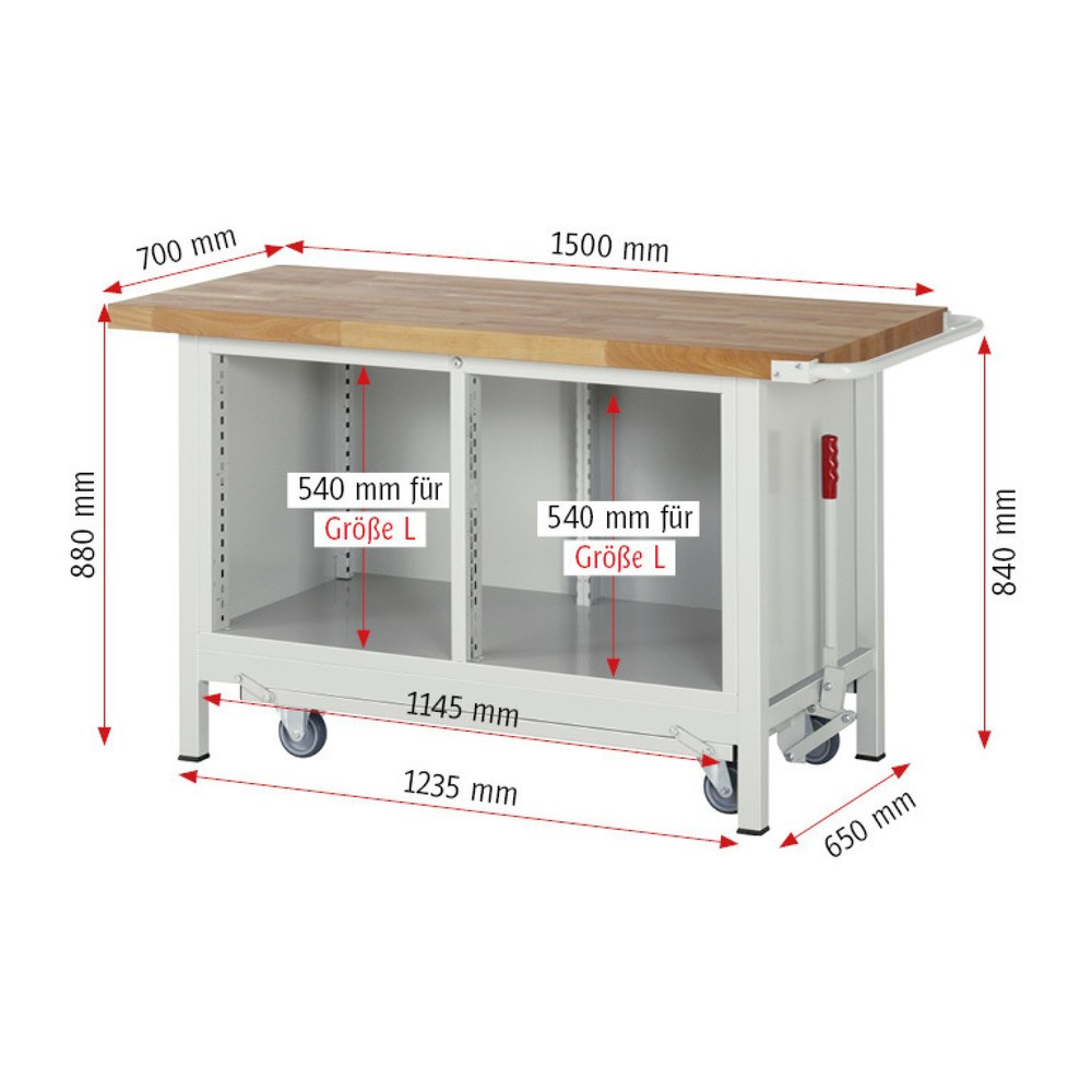 Productafbeelding nr. 7: Werkbank RAU serie 8000 met neerlaatbaar onderstel, 1 dubbele kast, hxbxd 880 x 1.500 x 700 mm, 2 lades 2 x 180 mm, 1 draaideur