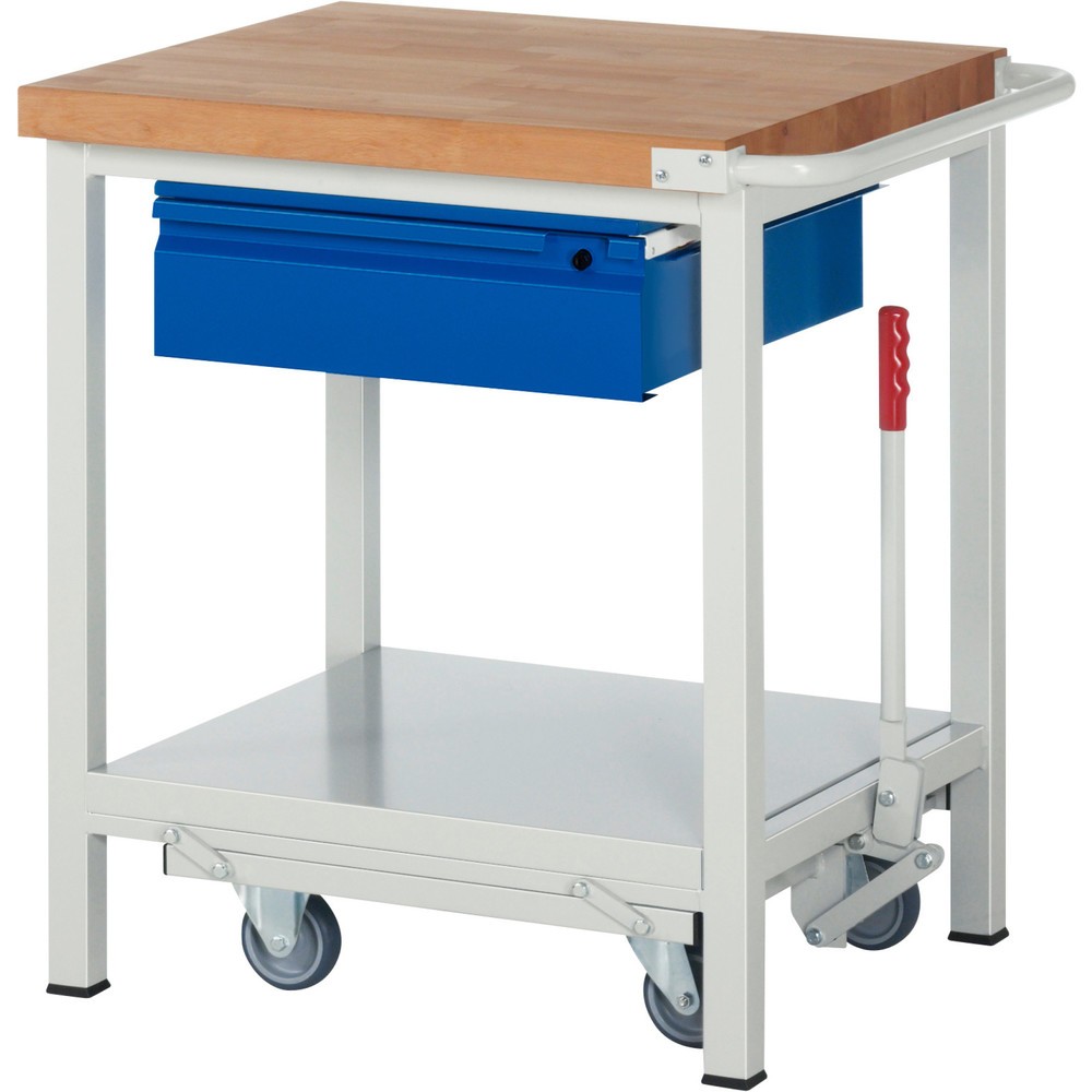 Productafbeelding nr. 1: Werkbank RAU serie 8000 met neerlaatbaar onderstel, 1 lade, 1 legbord, hxbxd 880 x 750 x 700 mm, 1 lade