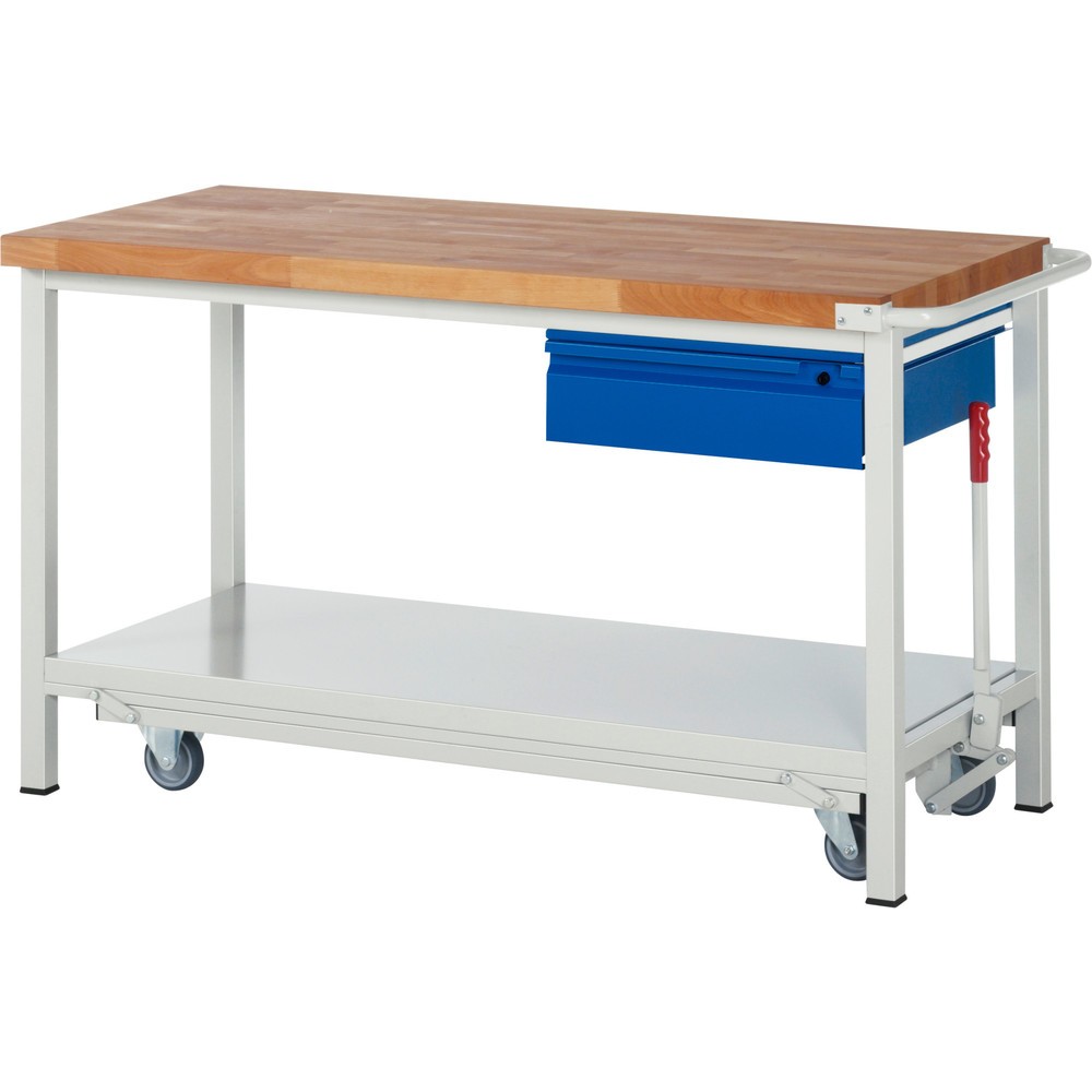 Productafbeelding nr. 1: Werkbank RAU serie 8000 met neerlaatbaar onderstel, 1 lade, 1 legbord, hxbxd 880 x 1.500 x 700 mm, 1 lade