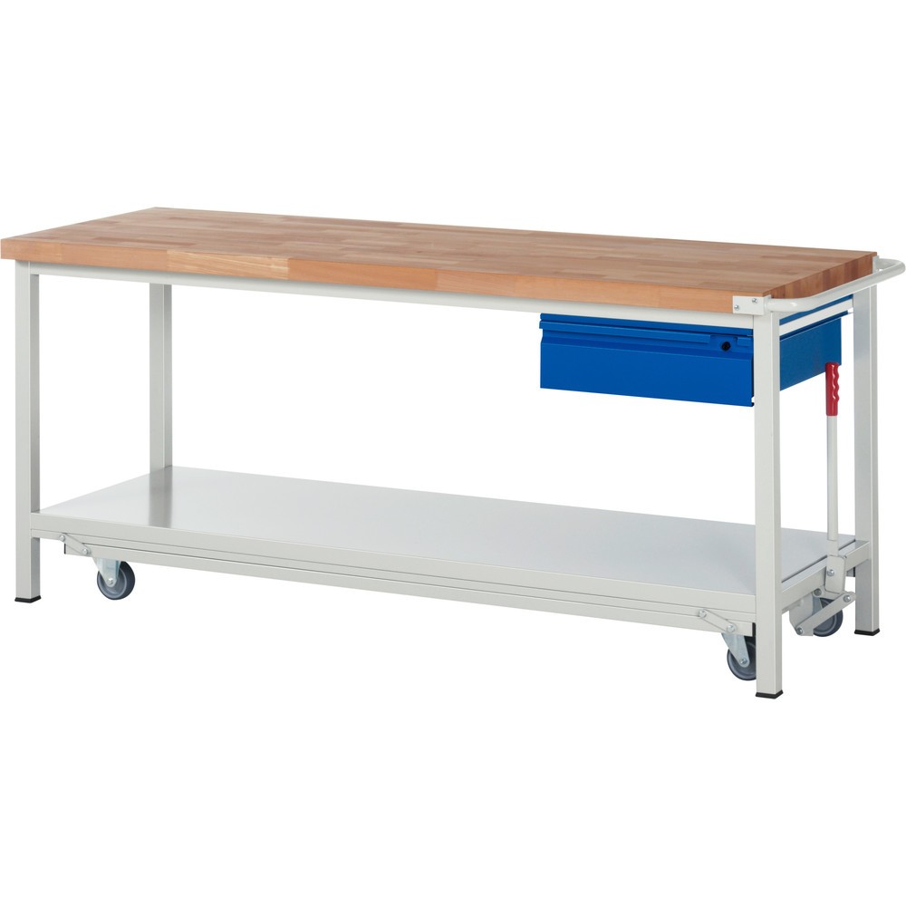 Product afbeelding: Werkbank RAU serie 8000 met neerlaatbaar onderstel, 1 lade, 1 legbord, hxbxd 880 x 2.000 x 700 mm, 1 lade